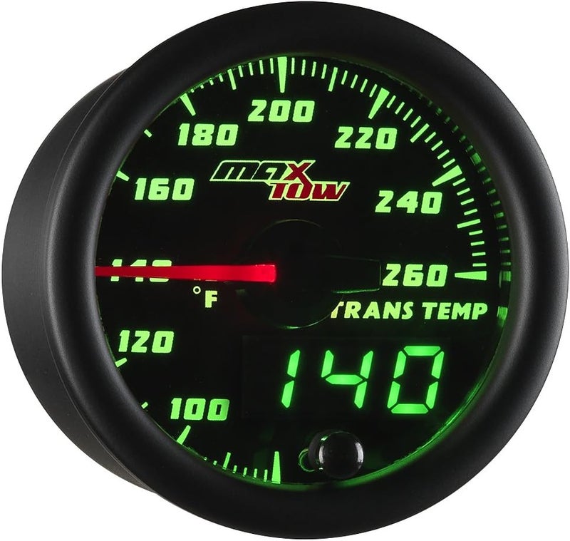 MaxTow Double Vision 260F Transmission Temperature Gauge Kit - Includes 1/8-27 NPT Electronic Sensor & Wiring - Black Dial - Green LED Lighting - Analog & Digital Readouts - for Trucks - 2-1/16" 52mm - Image 1